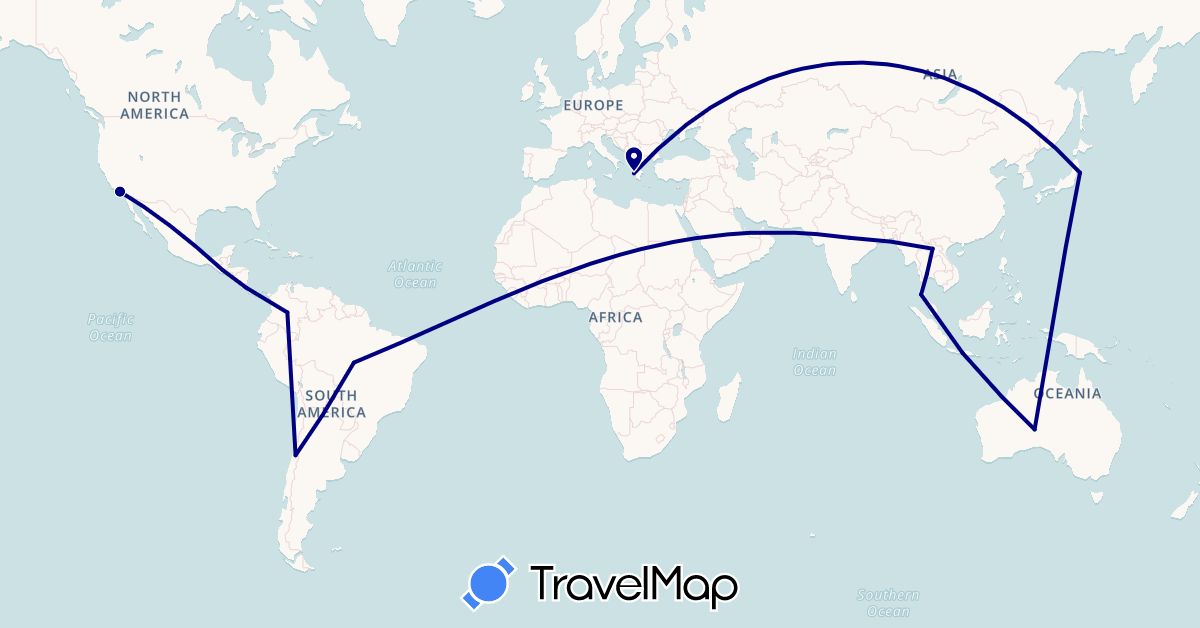 TravelMap itinerary: driving in Australia, Brazil, Chile, Colombia, Costa Rica, Greece, Guatemala, Indonesia, India, Japan, Laos, Thailand, United States (Asia, Europe, North America, Oceania, South America)